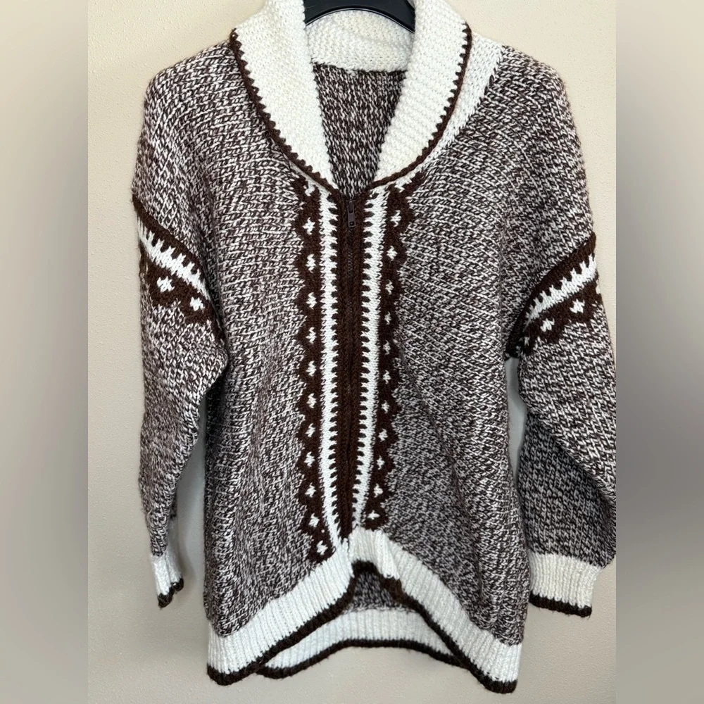 Vintage Hand Knit Lodge Sweater Nordic Zip Cardigan Oversized